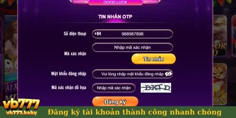 Đăng ký tài khoản thành công nhanh chóng